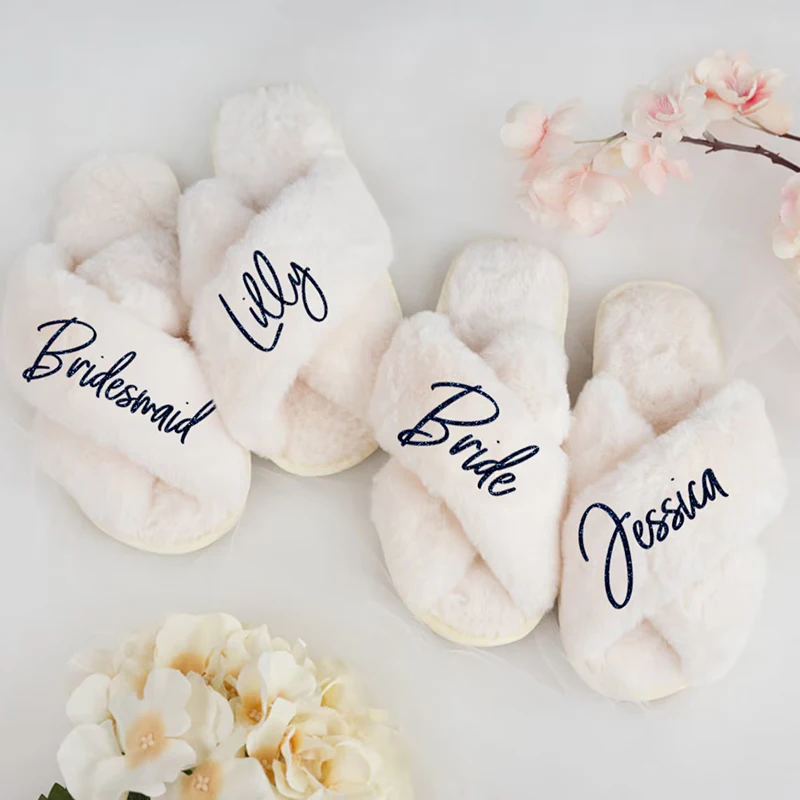 Custom Bride Fluffy Slippers Personalized Bridesmaid Proposal Bridal Shower Gift Wedding Bachelorette Party Spa Fuzzy Slippers