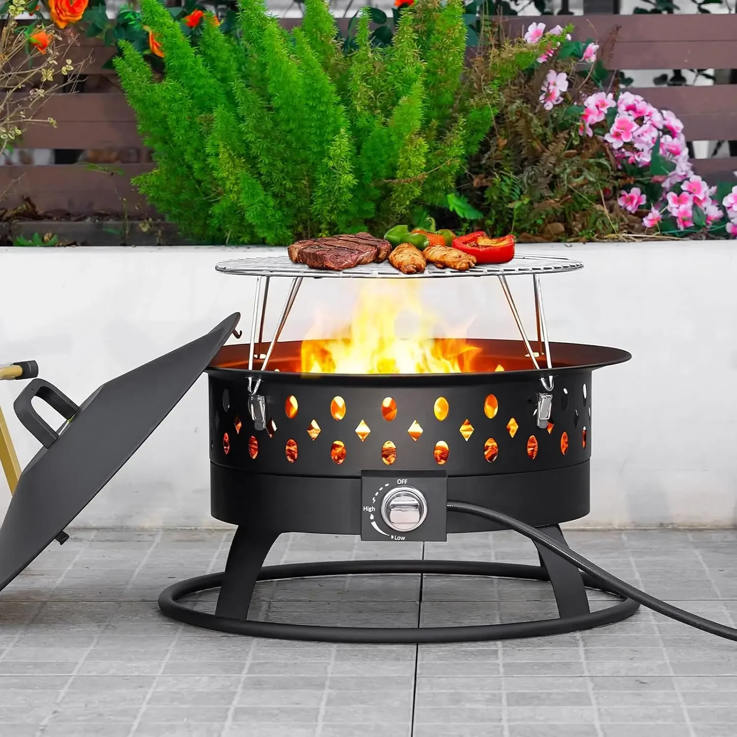 24 Inch Portable Propane Fire Pit Gas Outdoors Black | Smokeless Fire pit for Outside with Lid & Handle,Gas Firepit bowl