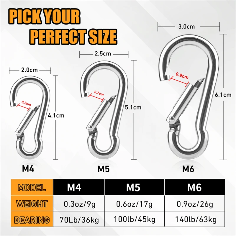 6 Stück Edelstahl M4 M5 M6 Multifunktionaler Federschnappkarabiner Schnellverschluss-Ringhaken für Camping und Wandern – Detail 3