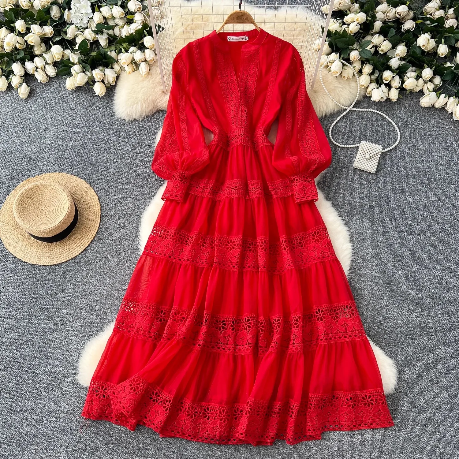 Luxury Women New High Quality Lace Maxi Hollow Out V Neck Lantern Sleeve Spring Summer Party Casual Dresses