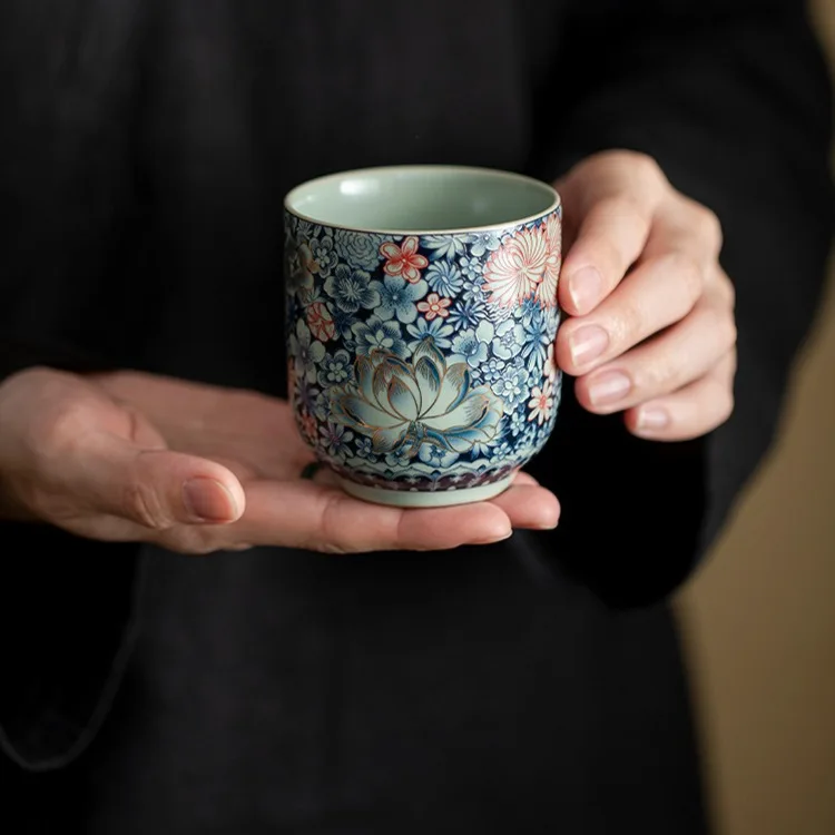 Chinese Retro Ru Kiln Blooming Flowers Like Brocade Straight Mouth Cup Master Cup High-end Ceramic Single Cup Teacup