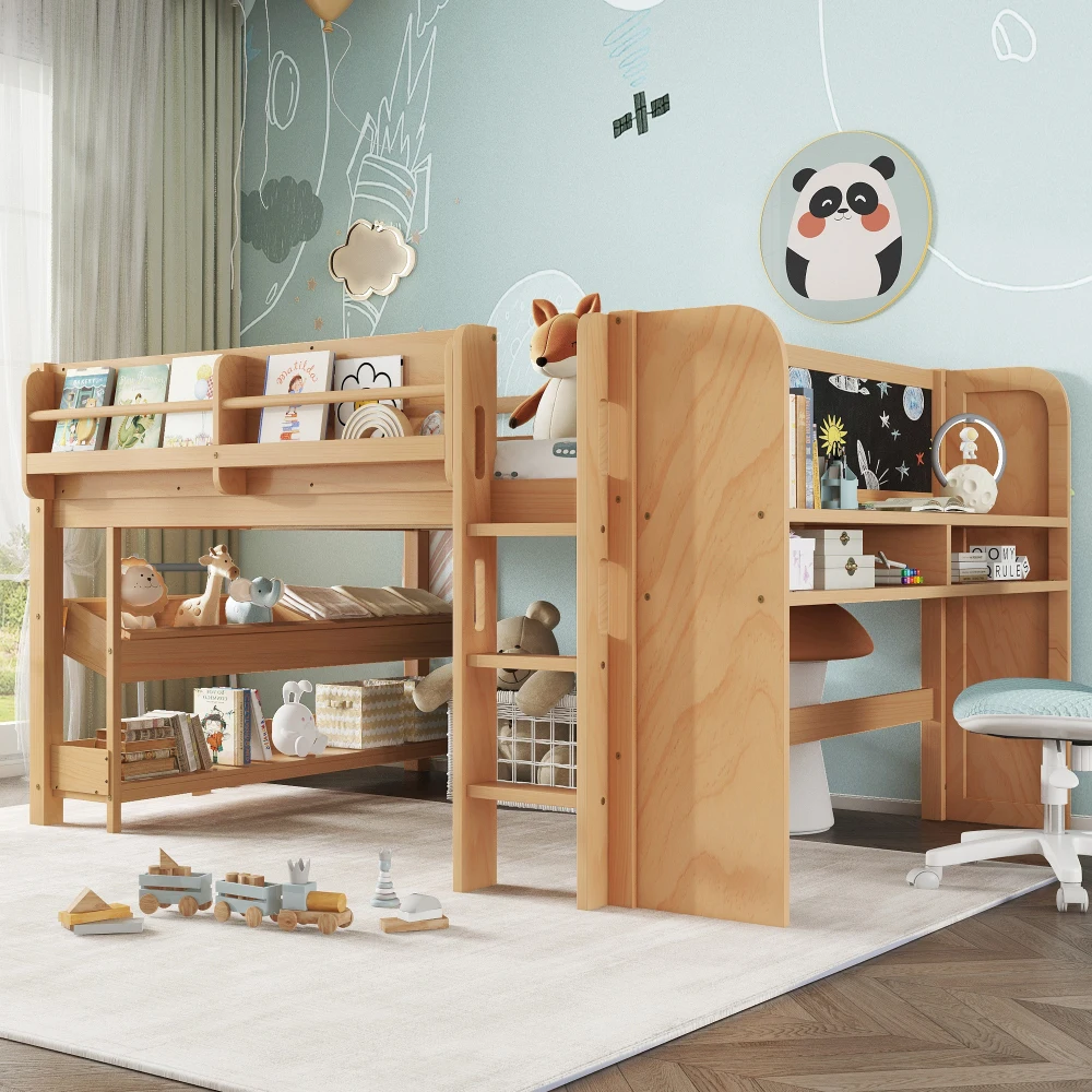 

Solid Wood Loft Bed with Multi-storage (Books/Boxes/Drawers), Desk & Blackboard, No Box Spring, Natural Wait, let's count chara