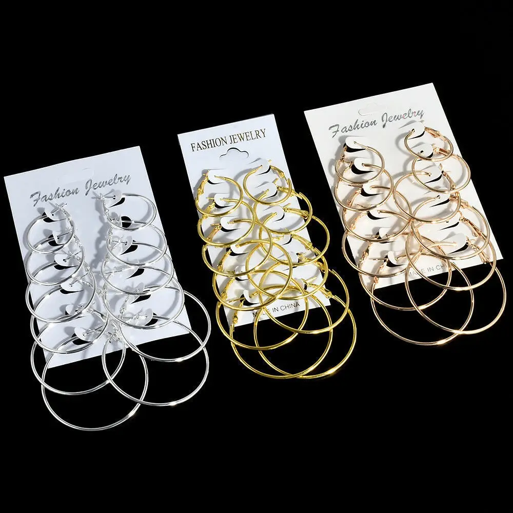 Juego de 6 Pares de Aros Metálicos Finos y Trenzados, de Diferentes Tamaños, Pequeños a Grandes, en Plata, Oro y Oro Rosa, Multipack, Joyería Minimalista para Mujer, Uso Diario