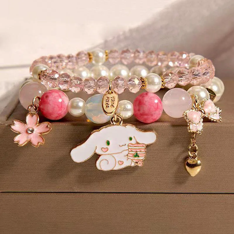 Sanrio Cinnamoroll Crystal Bracelet Girls Sweet Bracelet Pearl Cinnamoroll Creative Hello Kitty Bracelet Valentine's Day Gifts