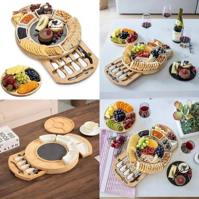 for Round Bamboo Cheese Board with Drawer Multifunctional Deli Platter Fruit Bread Steak Tray Home Decor Kitchenware
