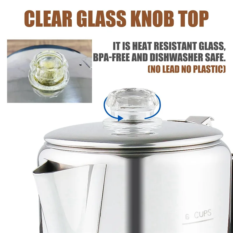 ELEG-Coffee Pot  With Heat Resistant Glass Knob & Silica Gel Handle, For Indoor Induction Cooktop, 6 Cup
