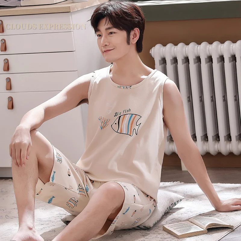 Summer Men Pyjamas 100%Cotton Striped Pajamas Set Casual Sleeveless Sleepwear Pyjamas Night Suits Pijamas Plus Size 4XL Home PJ