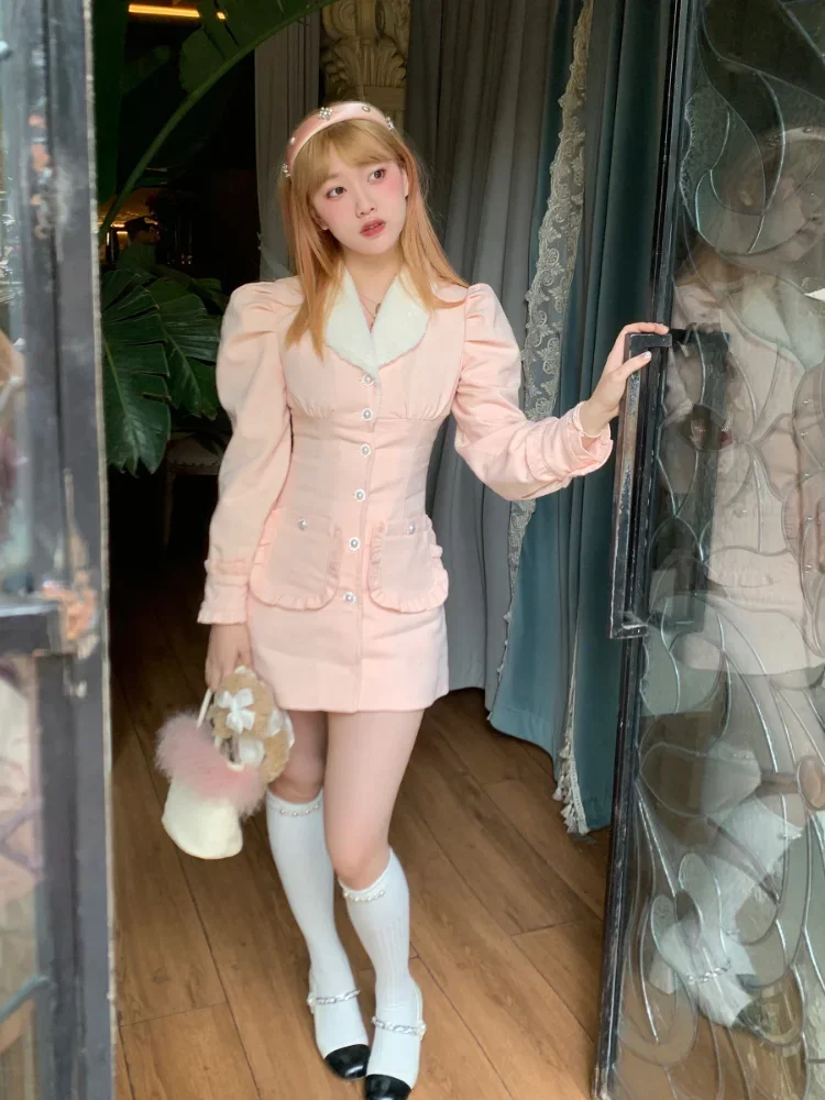 2025 NewPink Japanese Lolita Kawaii Women Long Sleeve Korean Style Party Mini Pockets Sweet Cute Fairy Dress Spr AA