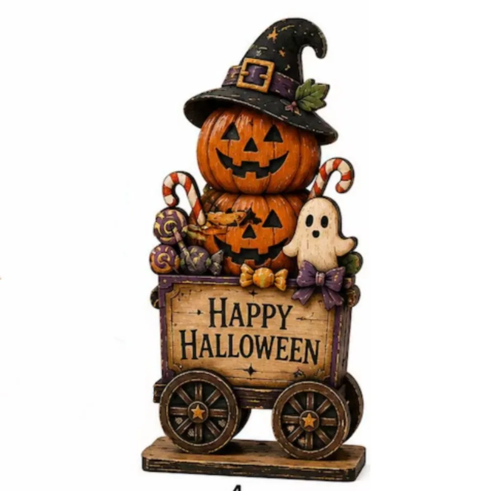 2D Flat Halloween Pumpkin Ghost Figurine Vintage Witch Hat Halloween Wooden Sign Fall Craft Ghost Book