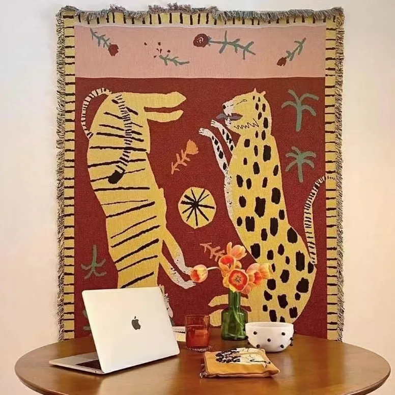 Boho Leopard Tiger Jacquard Throw Blanket Safari Animal Print Woven Tapestry with Fringe Bohemian Jungle Themed Decor