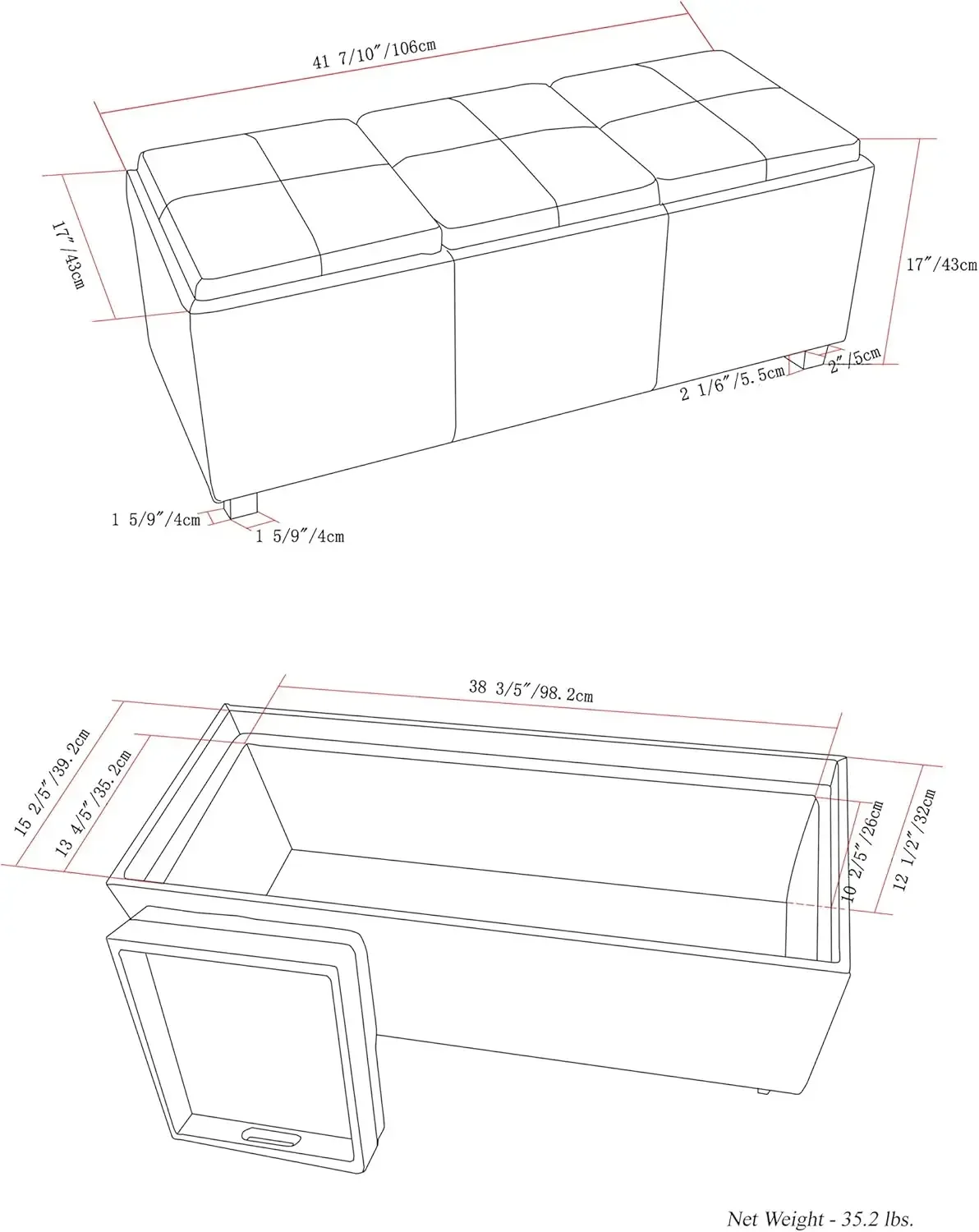 Avalon 42 Inch Wide Contemporary Rectangle Storage Ottoman in Natural Linen Look Fabric, For the Living Room, Entrywa