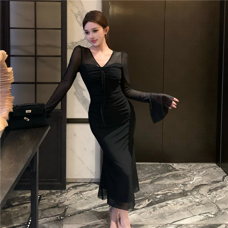 

Ele V-ne Long Sve Fi-tail Net Dr с запахом и высокой талией, осенне-зимнее сексуальное женское платье Pure Desire