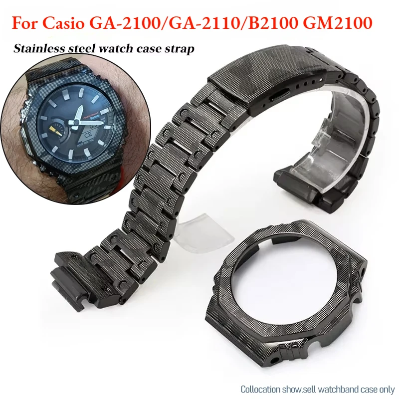 Para Casio GA-2100/2110/B2100 GM-2100/GBM2100 caja de metal de camuflaje modificada correa de reloj accesorios de correa de reloj de caucho flúor