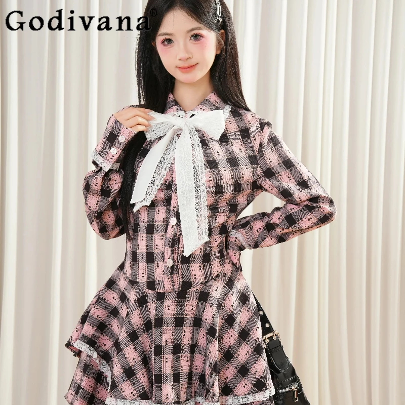 الفرنسية الحلو الدانتيل الوردي منقوشة فستان للنساء الخريف طويلة الأكمام القوس فستان الإناث النمط الياباني غير النظامية لوليتا فستان قصير