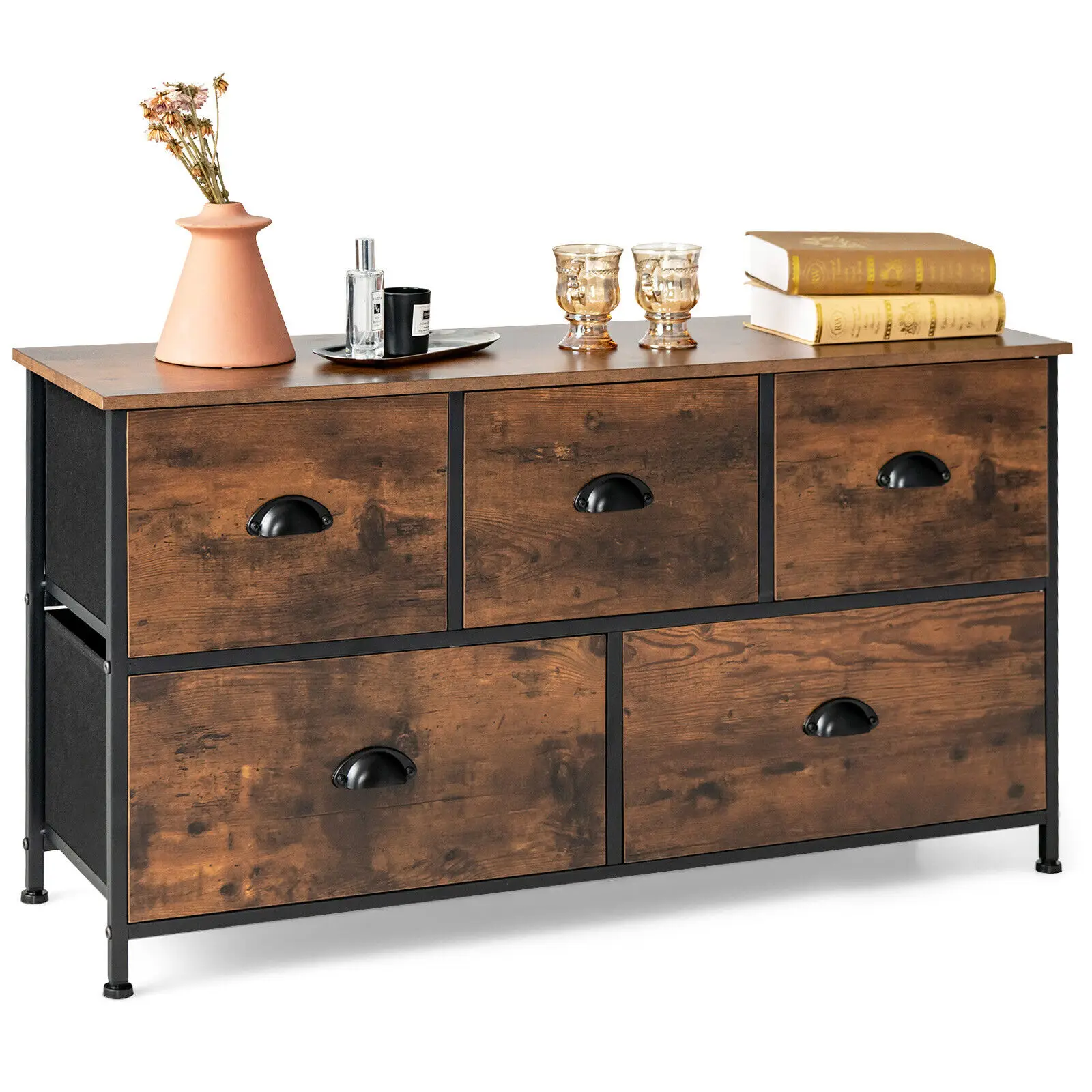 Costway 5-Drawer Dresser Fabric Storage Tower w/wooden Top Chest Organizer Rustic Brown