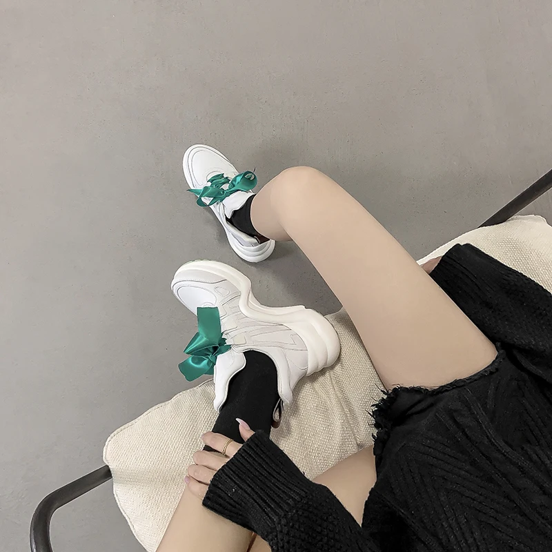 New Bow Ribbon Running Sneakers Women Vulcanize Shoes Woman Height Increasing Breathable Platform Shoes Woman chaussure femme