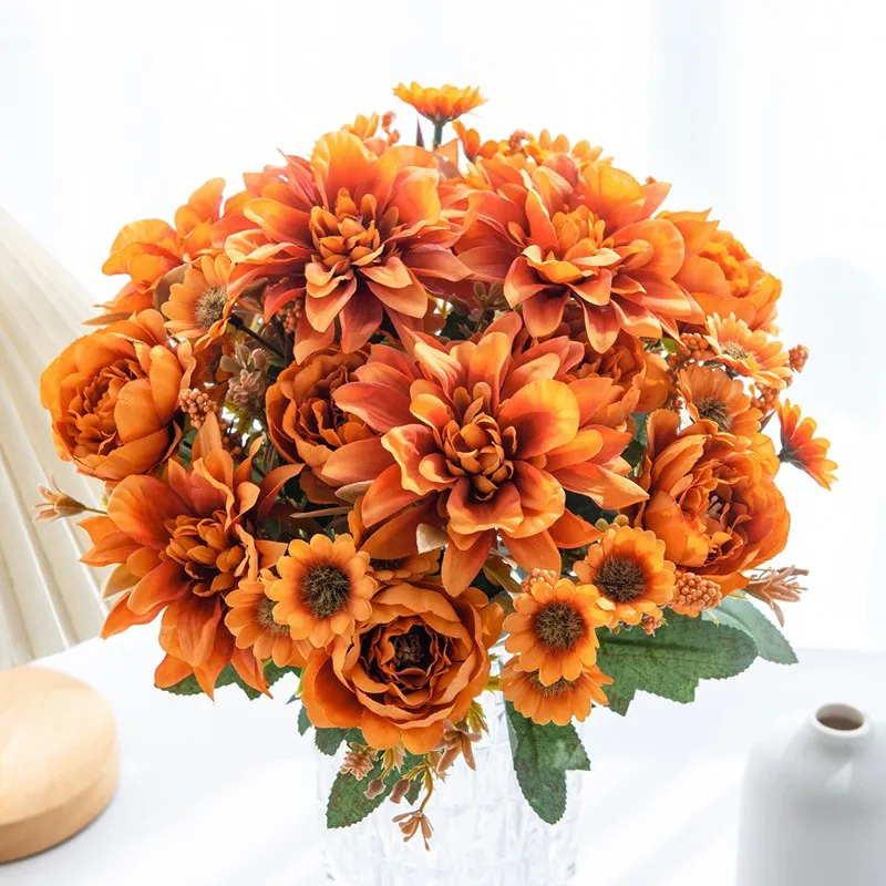 10 Stück Künstliche Blumen aus Seide, Dahlien, Rosen, Gänseblümchen, Dekoration für Zuhause, Vase, Garten, Hochzeit, Brautsträuße, Partys, Fotorequisiten – Detail 6