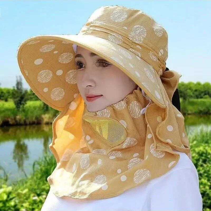 Women's Cotton Linen Sunscreen Hat Large Brim Windproof Face Covering Summer Farm Work Cap Stylish Protective Headwear
