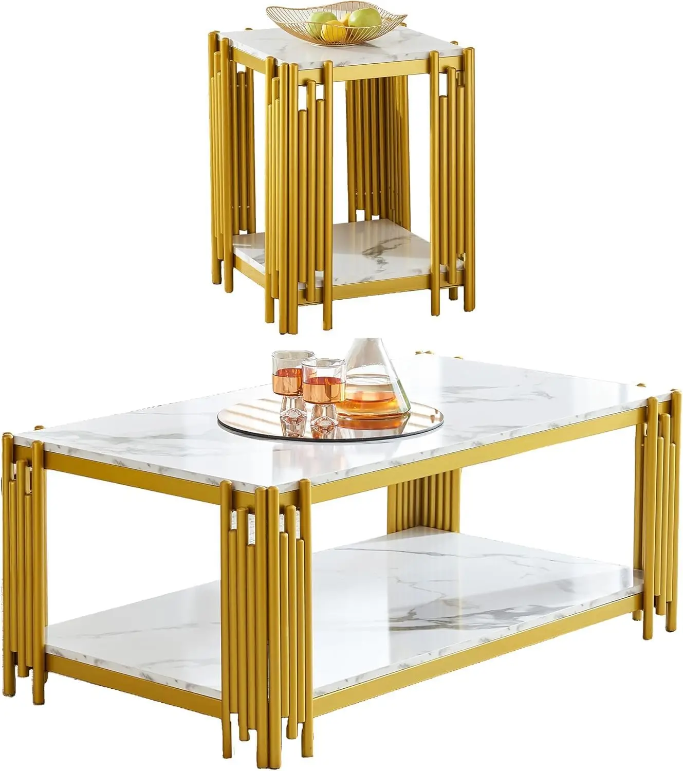 White Marble Coffee Table Set Of 2, Faux Marble Coffee Table And Gold White End Table With Chrome Metal I-Base, Luxury Marble 2