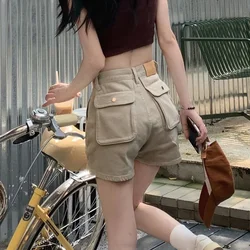 Cargo Denim Shorts Women Streetwear High Waist Slim Jeans Shorts Summer Vintage Khaki Pockets Casual All Match Short Pants