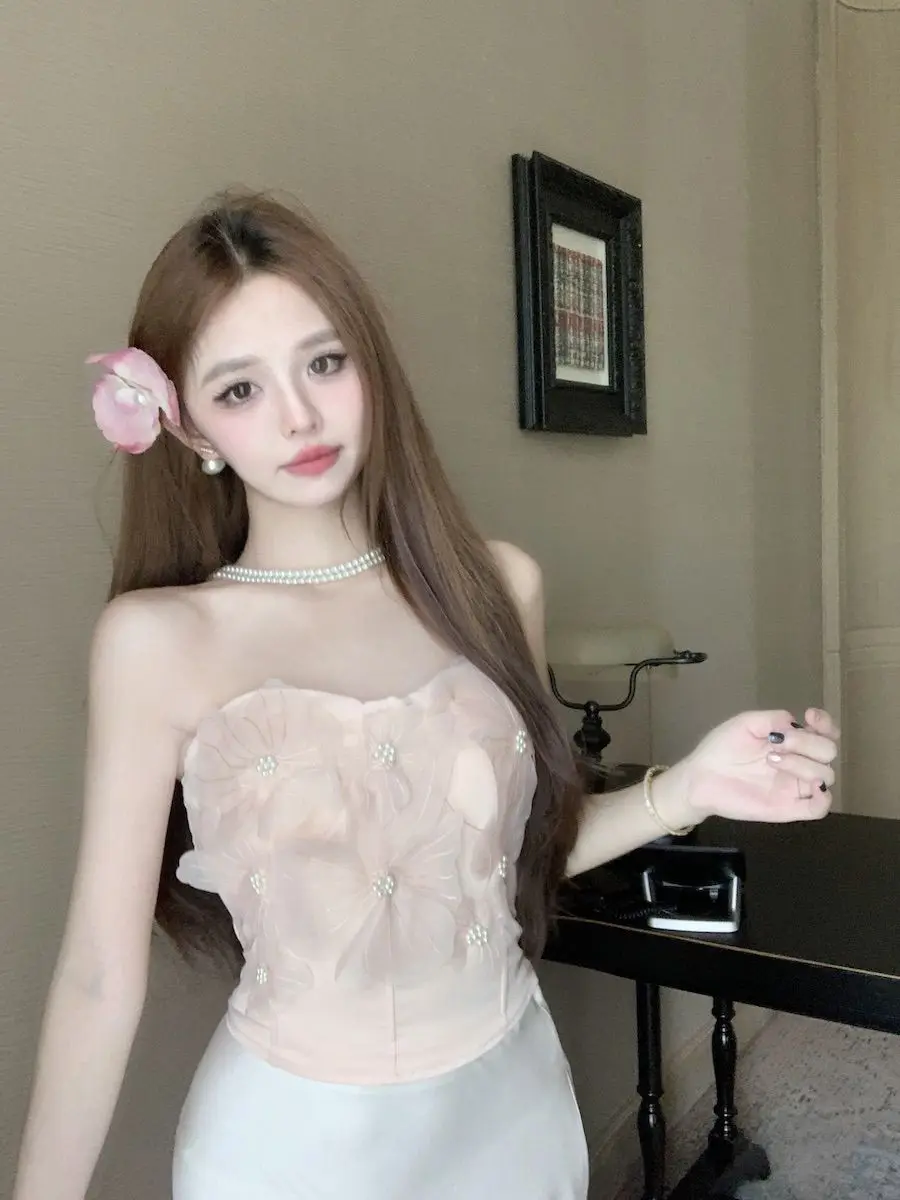 Pure สไตล์ตาข่ายดอกไม้ Slim และ Elegant Strapless Top สําหรับผู้หญิงใหม่สาวร้อน Breast Wrap เสื้อ