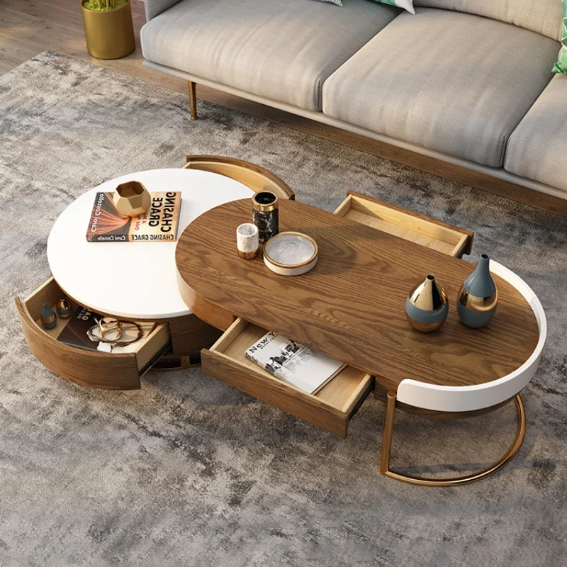 

Light luxury retractable coffee table TV cabinet combination multi-functional living room furniture modern simple oval tea table