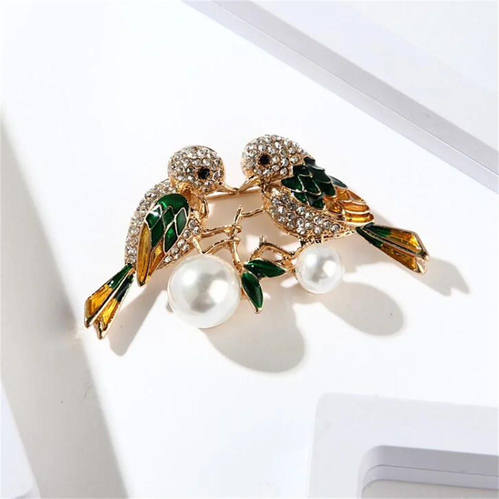 Luxury Crystal Rhinestone Pearl Magpie Couple Brooch Animal Paired Pin For Lady Clothing Fashion Jewelry Accessories Badges Gift