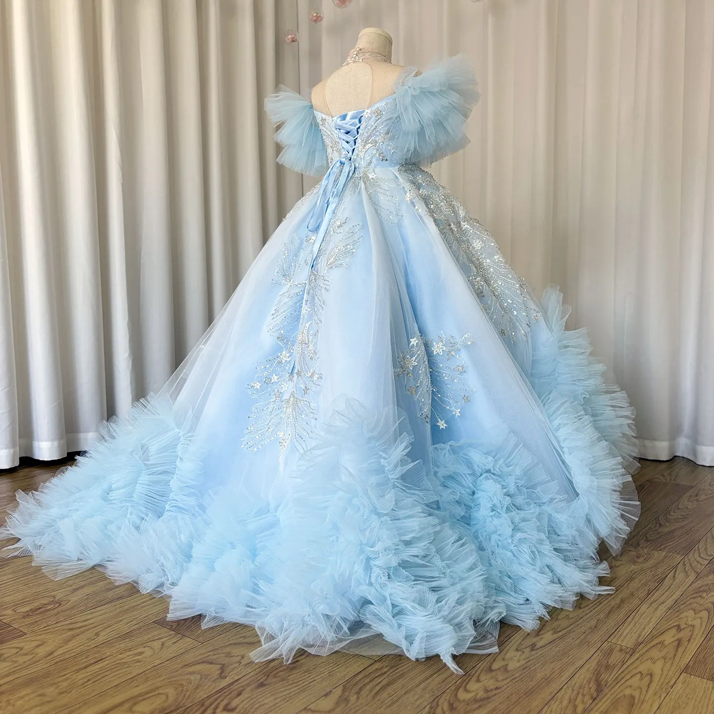 Jill Wish-Vestido de baile azul céu luxuoso para menina, vestido de princesa Dubai para crianças, festa de aniversário, casamento, primeira comunhão, árabe, 2024, J220