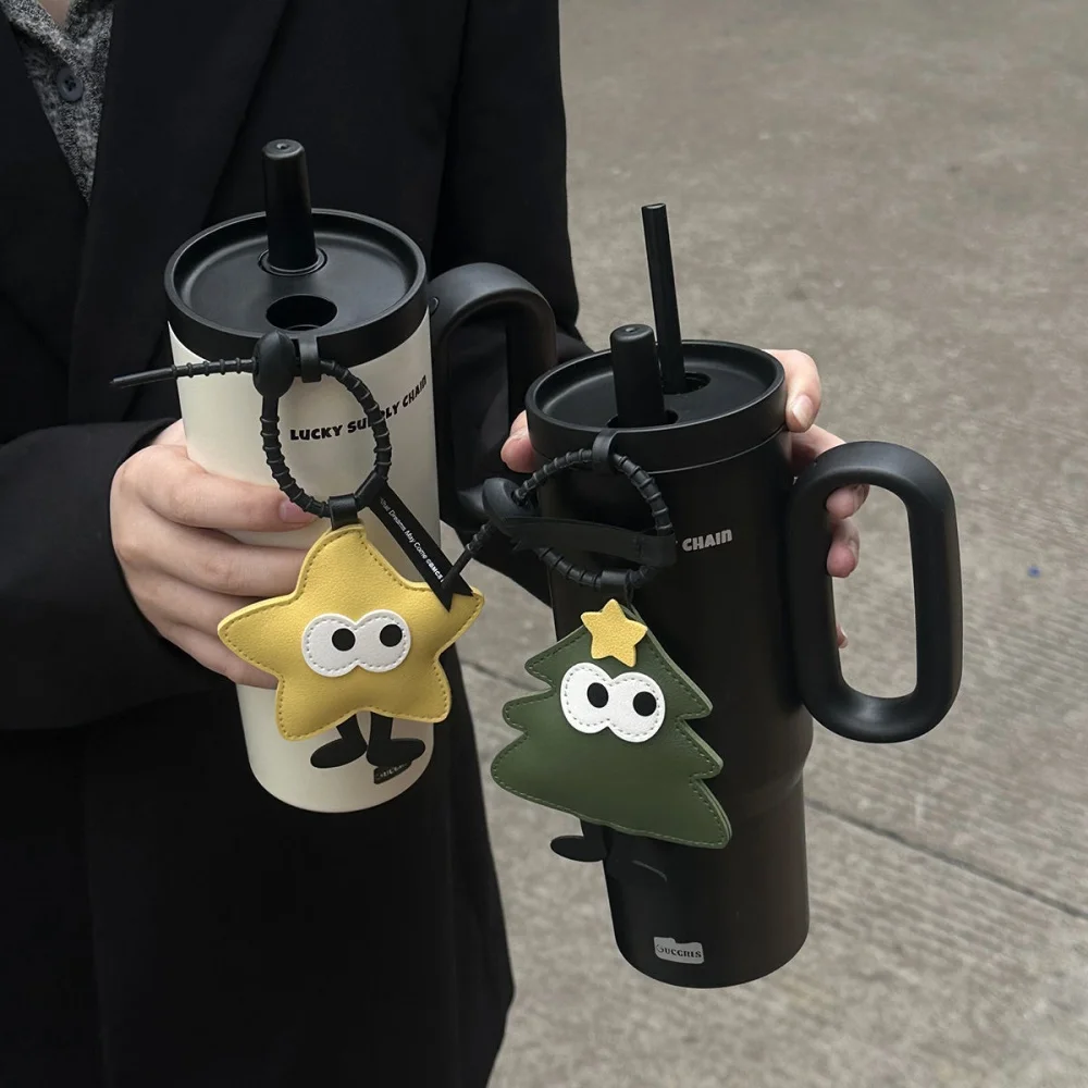 720ML Stainless Steel Vacuum Insulated Tumbler with Silicone Straw Spill-Proof Travel Mug with Handle And Small Pendant for Hot