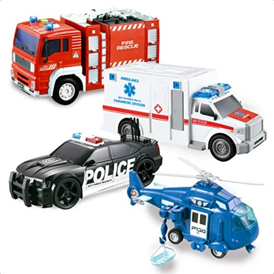 

JOYIN 4 Packs Emergency Vehicle Toy Playsets Friction Powered Vehicles with Light and Sound Including Fire Truck Ambulance Play