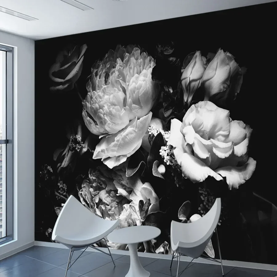 Custom Peel and Stick Wallpapers for Living Room Accept Contact Wall Papers Home Decor Black White Peony Flower Murals Covering