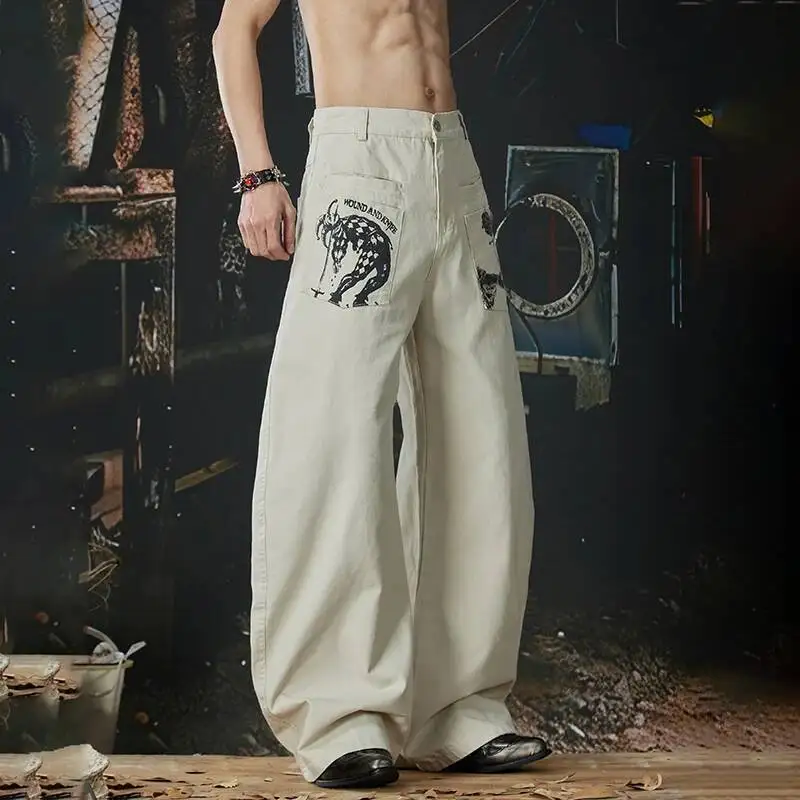 LUZHEN 2026 Original Double Layer Pockets Decorate Printed Straight Casual Jeans Men's Fashion Niche Wide Leg Denim Pants JY6875