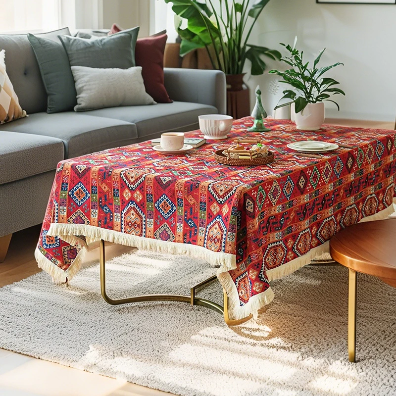 American retro jacquard fabric tablecloth with ethnic style, creative tassels, and a sense of luxury and sophistication