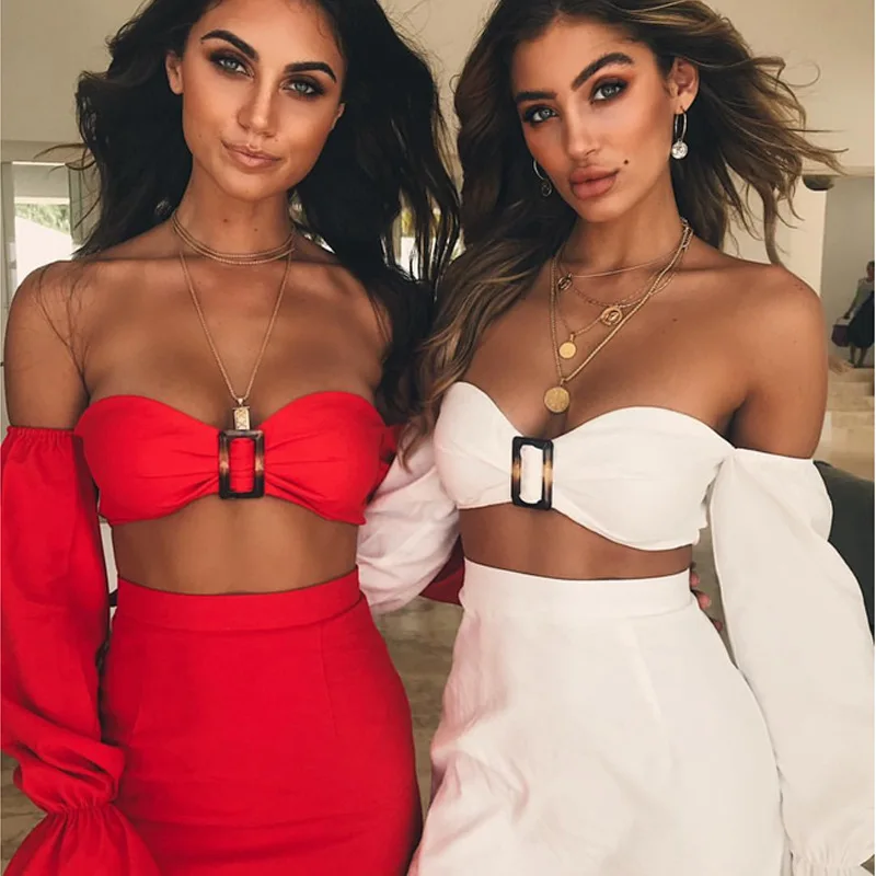 YUZHEXI Full Flare Sleeve Strapless Bustier Top + High Waist Skirt Two Piece Set Women Off Shoulder Red Suit Padded Bra Dress