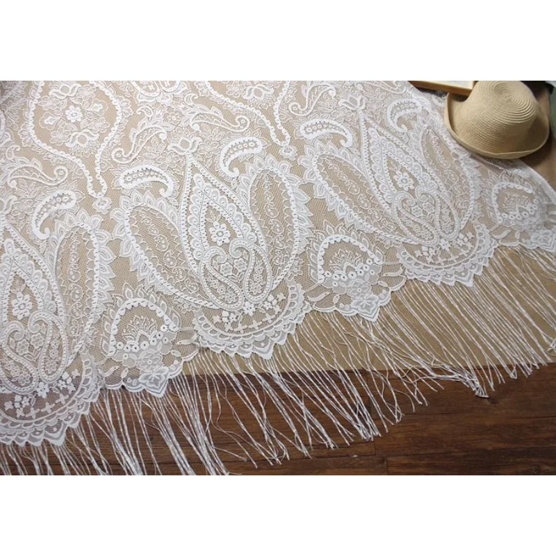 1.3 Meters Wide, New Exquisite Tassel Smiley Face Lace Fabric Handmade DIY Wedding Dress, Shawl, Curtain Decoration Accessories
