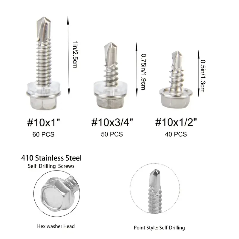 150pcs Stainless Steel Self Tapping Screws Assortment 10 Hex Head Self Drilling Tail Screws For Metal Building And Repair