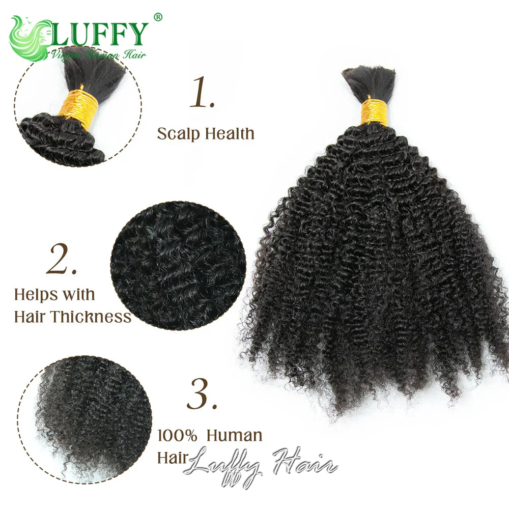 Afro Kinky Curly Human Hair Bulk for Braiding, No Weft, Double Proximity Wn Full End, Kinky Curly Bundles Extensions, Brésilien