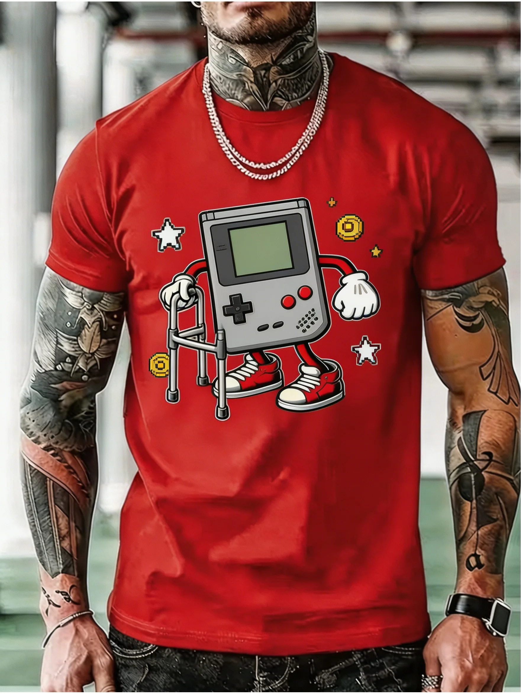 Men's Funny Old Game Boy Cartoon Print T-Shirt Retro Gaming Humor Crew Neck Top