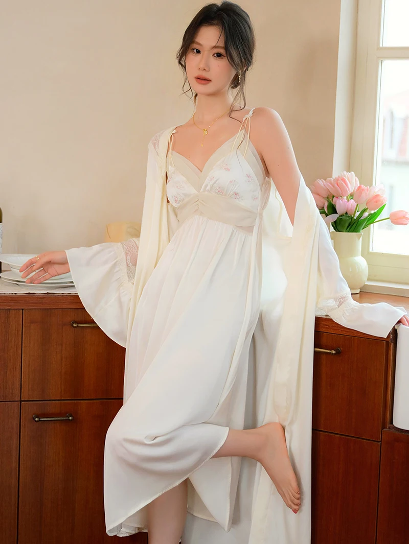 French Sexy Robe Gown Fairy Nightgown Two-piece Set Women Spring Chiffon Mesh Vintage Princess Pajama Sleepwear Home Clothing