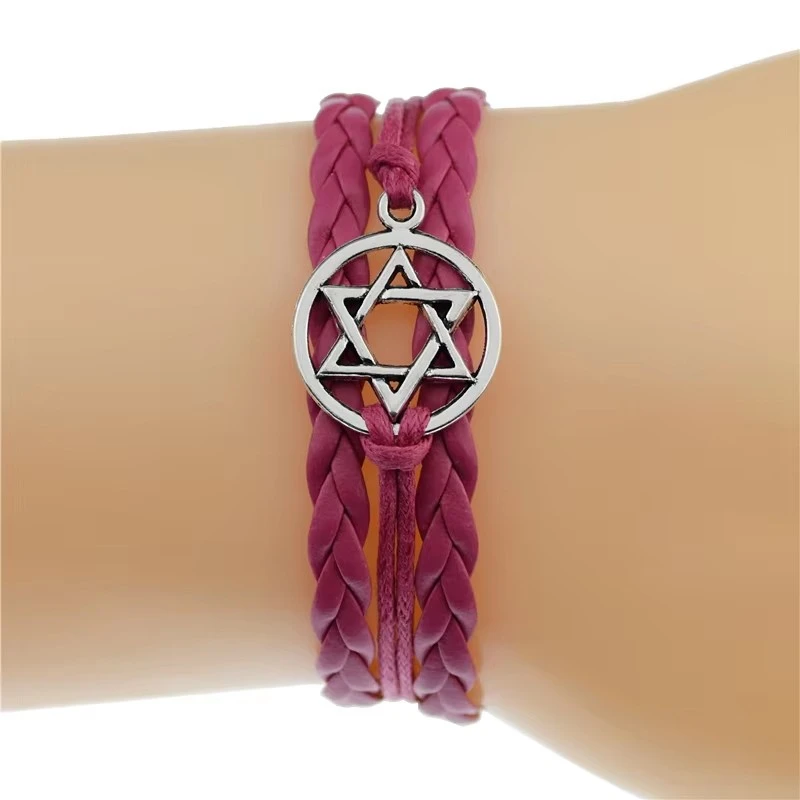 4 Colors Antique Silver Color Round Jewish Star of David Charm Leather Bracelets Hexagram Women Men Unisex Star Jewelry Gifts
