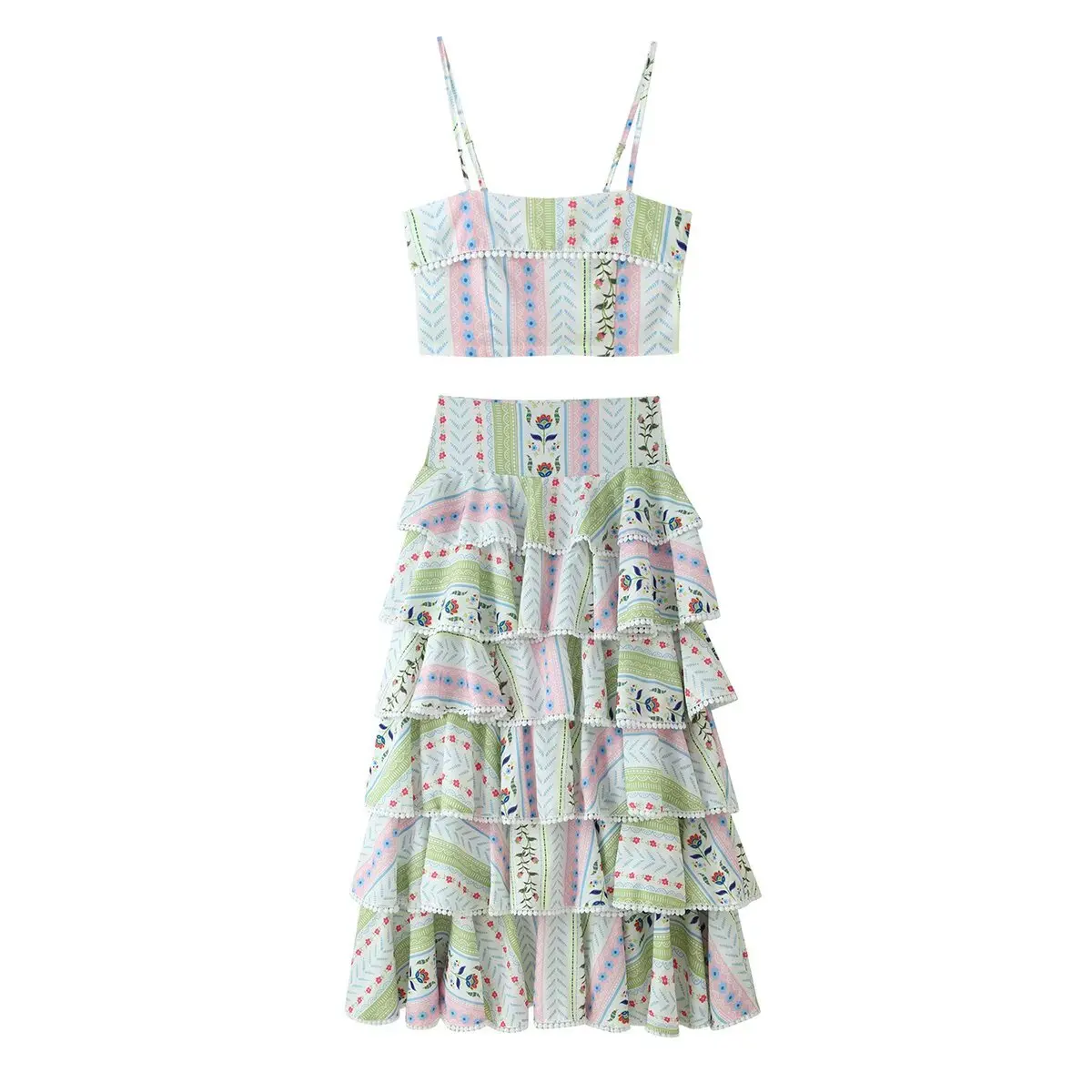 Women's French Printed Cake Skirt Set New Sleeveless Sling Top Cascading Ruffle Long Skirts Fashion Elegant Female 2 Piece Sets