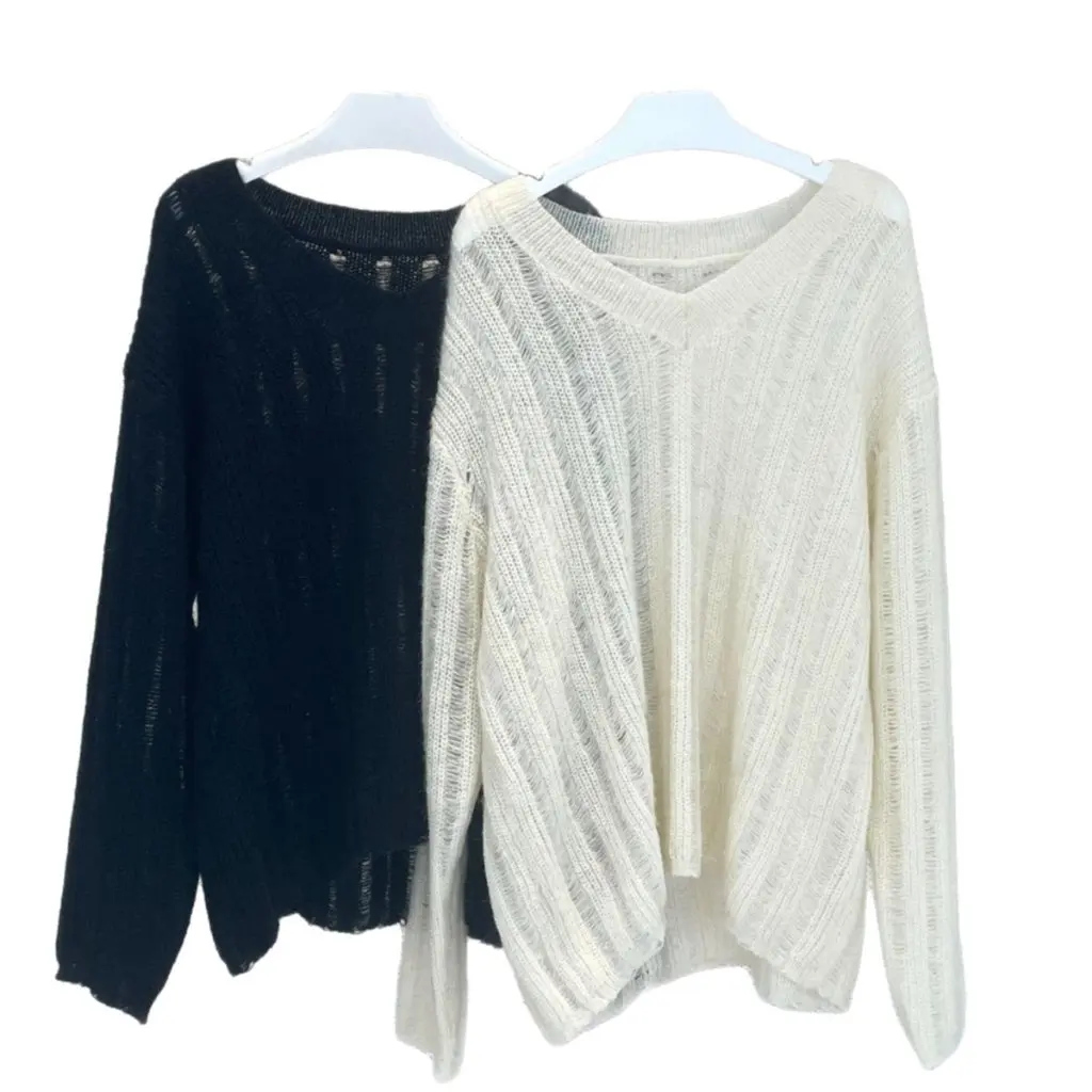 

Early Autumn New Style French Soft Large V-Neck Hollow Out Wool Sweater Loose Lazy Slimming Top For Women