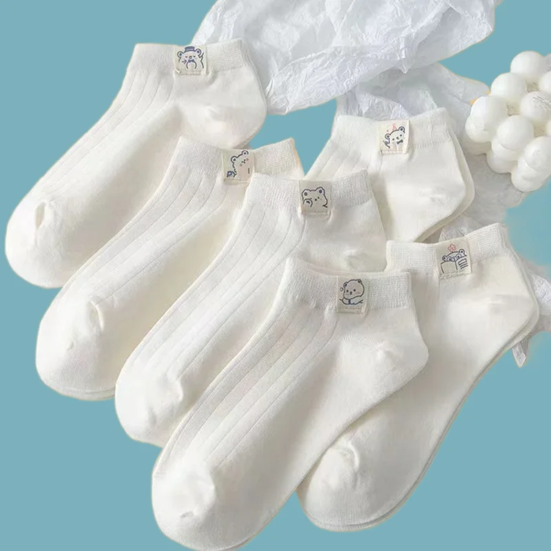 

6 Pairs High Quality Women's Short Socks Breathable Shallow Mouth Socks Thin Pure White Cartoon Celebrity Comfortable Boat Socks