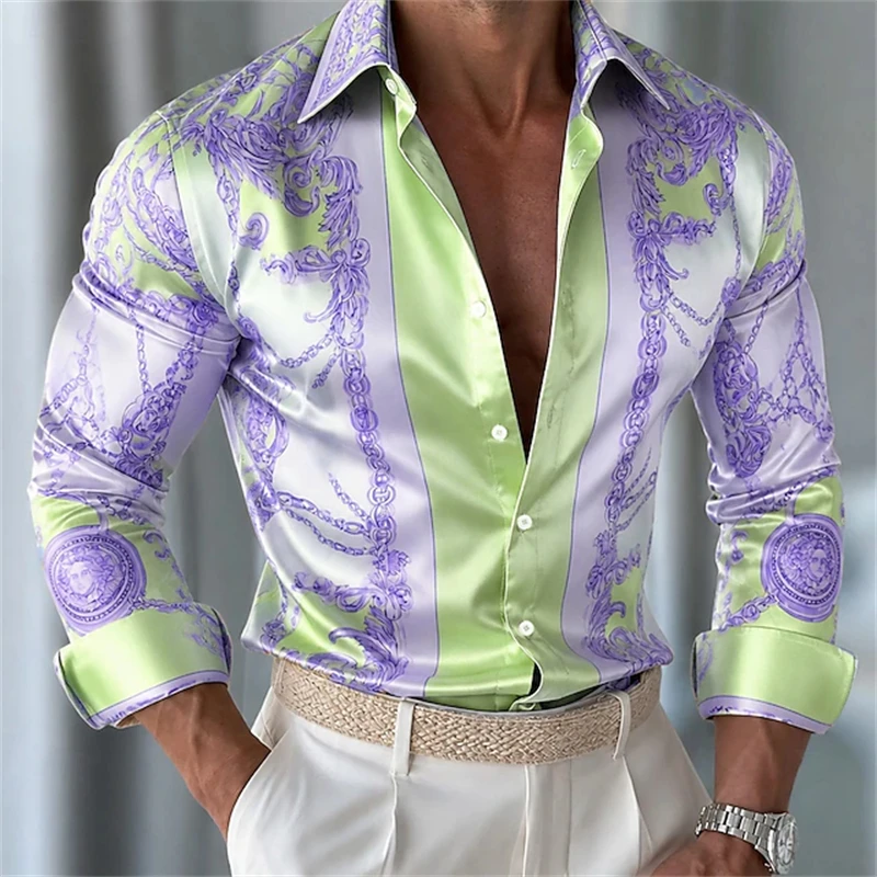 Men's Autumn Long-Sleeve Shirt Vintage Luxury Print Button-Down Suitable for Holidays Parties and Dinners Men's Casual Wear