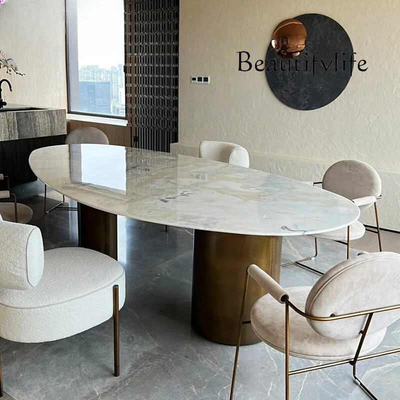 

Natural luxury stone dining table water drop-shaped minimalist villa large flat marble dining table with round