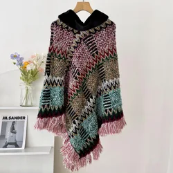 Autumn Winter Capes National Knitted Cloak Women New Pullover Cloak Tassel Warm Shawl Imitation Wool Collar Ponchos Pink Cape