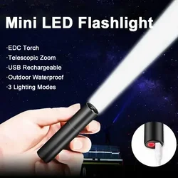 Mini Portable LED Flashlight USB Rechargeable Small Pocket Light Built In Battery Fixed Focus Zoomable Camping Searching Lantern