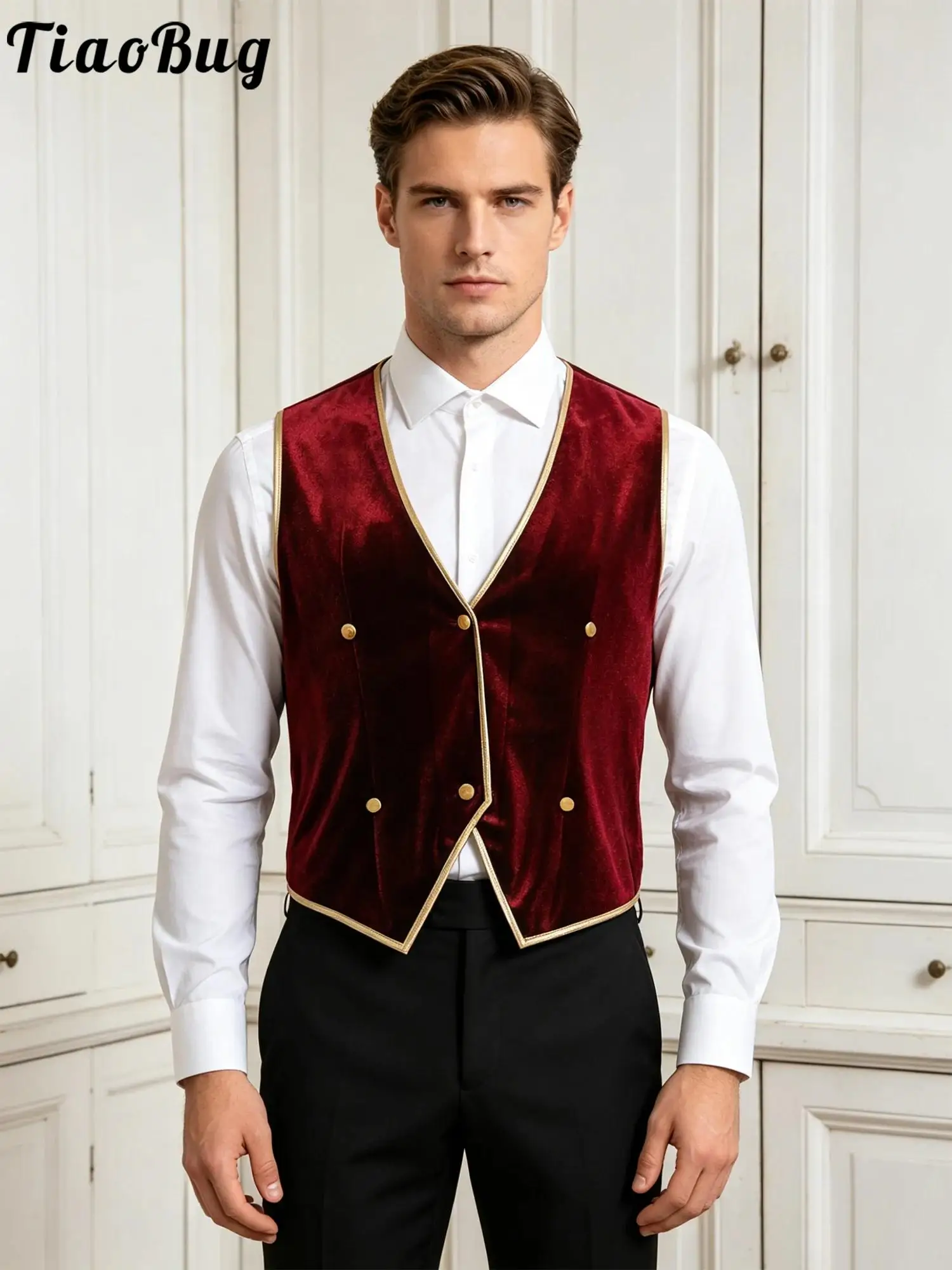 Men Medieval Velvet Tailcoat Vest with Gold Trims Princesses Dress-up Tops V Neck Blazer Waistcoat for Halloween Party Cocktail