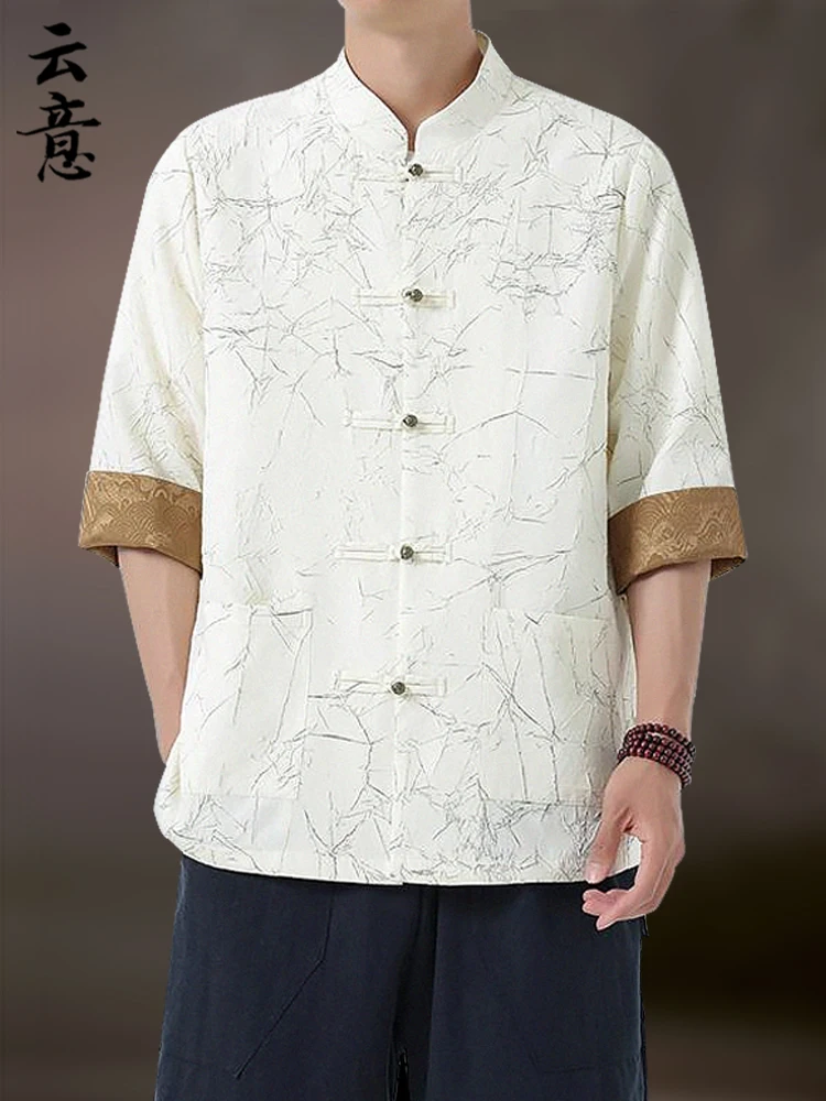 

Summer Men's New Chinese Sle Tang Suit ort Sve irt National Trend Retro Zhongan Coat Button Five Sve Outerwear