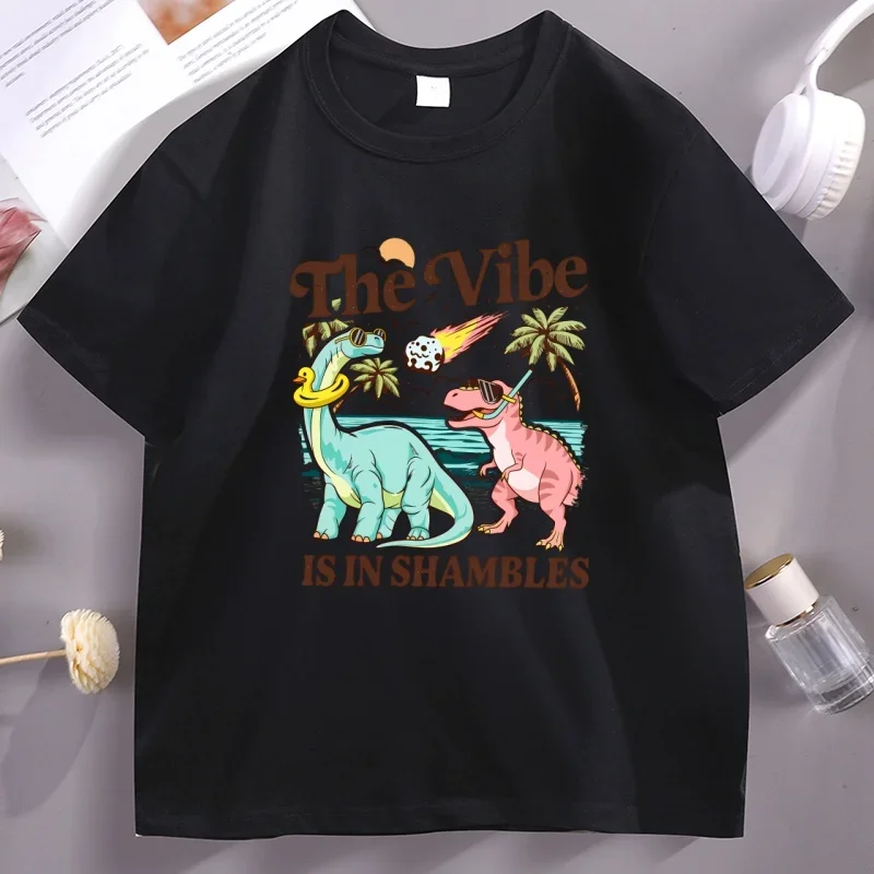 The Vibe Is in Shambles Tshirt Funny Dinosaur Graphic Tees Cute Mental Health Tee Casual Round Neck Printed Tshirts Clothing